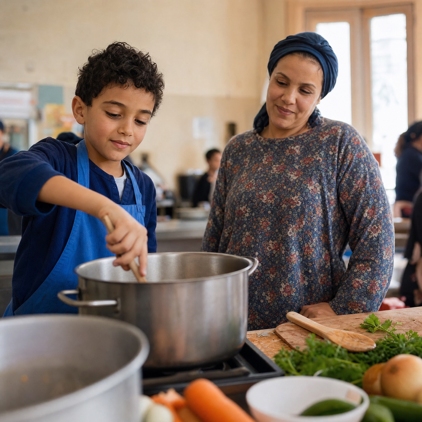 Une femme âgée et un jeune garçon rient ensemble devant une galette dorée à Rennes